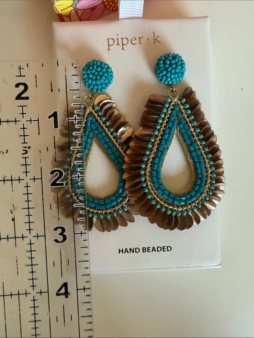 NWT Piper K Hand Beaded Turquoise & Bronze Boho Statement Drop Earrings